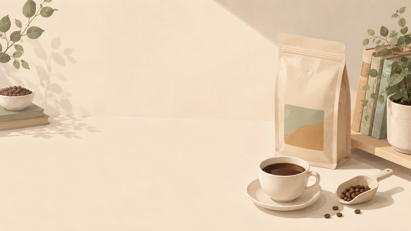Painted coffee bag, cup, scoop, beans, and books on a warm shelf