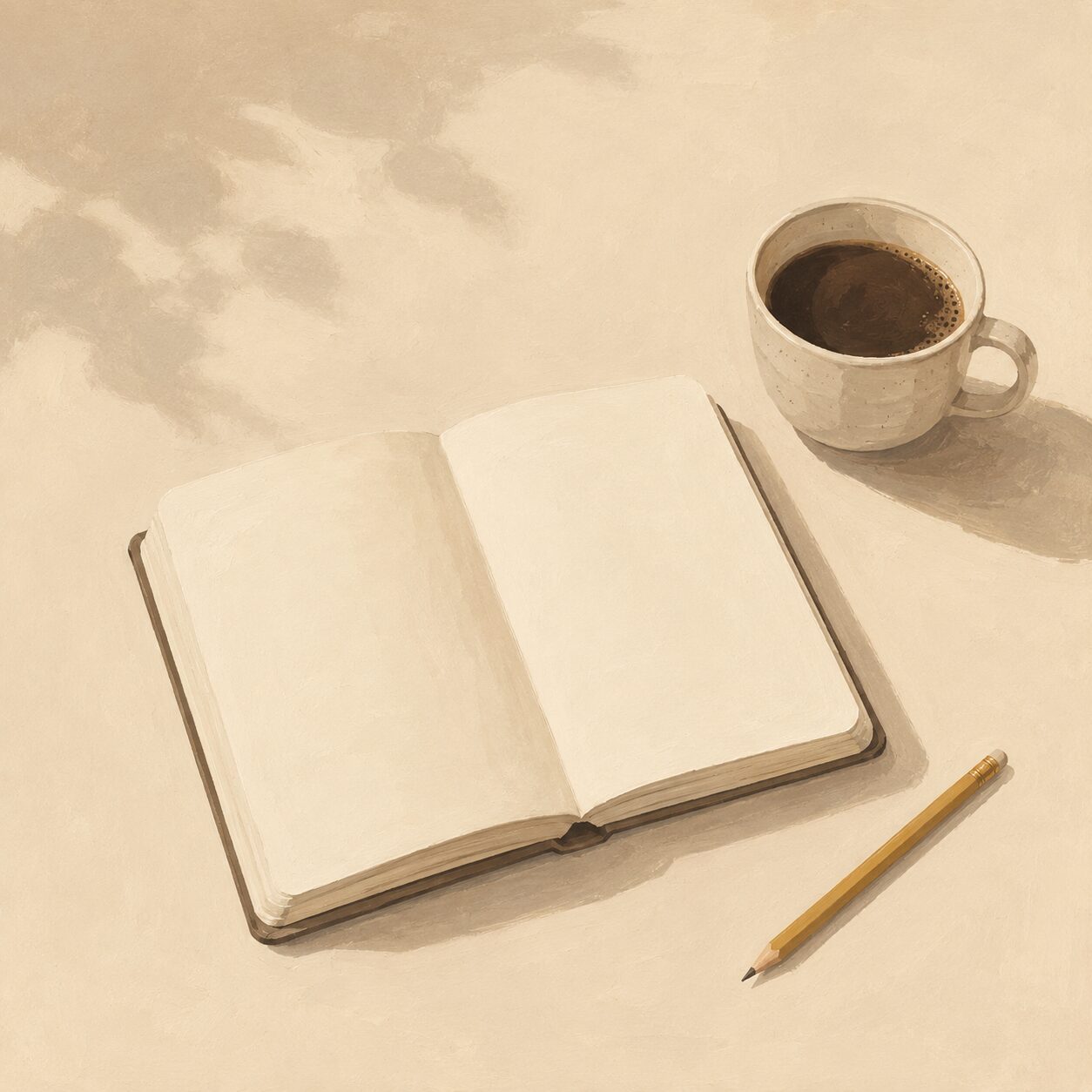 Painted notebook, coffee cup, and brewing tools