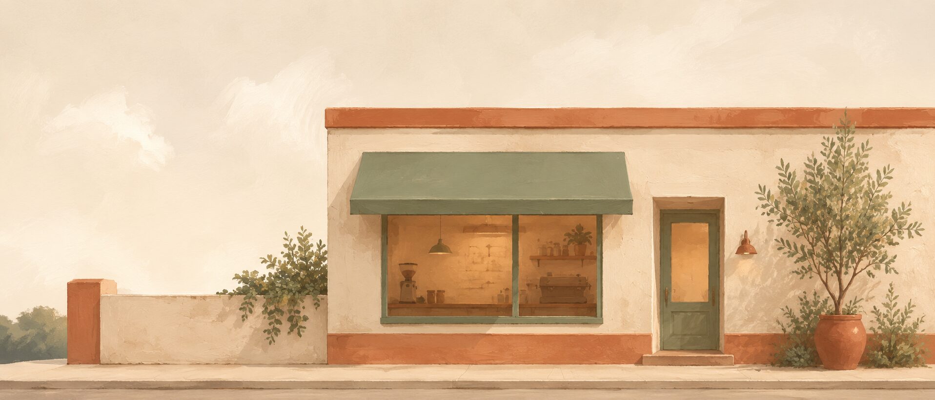 Painted coffee shop with a sage awning and warm terracotta walls