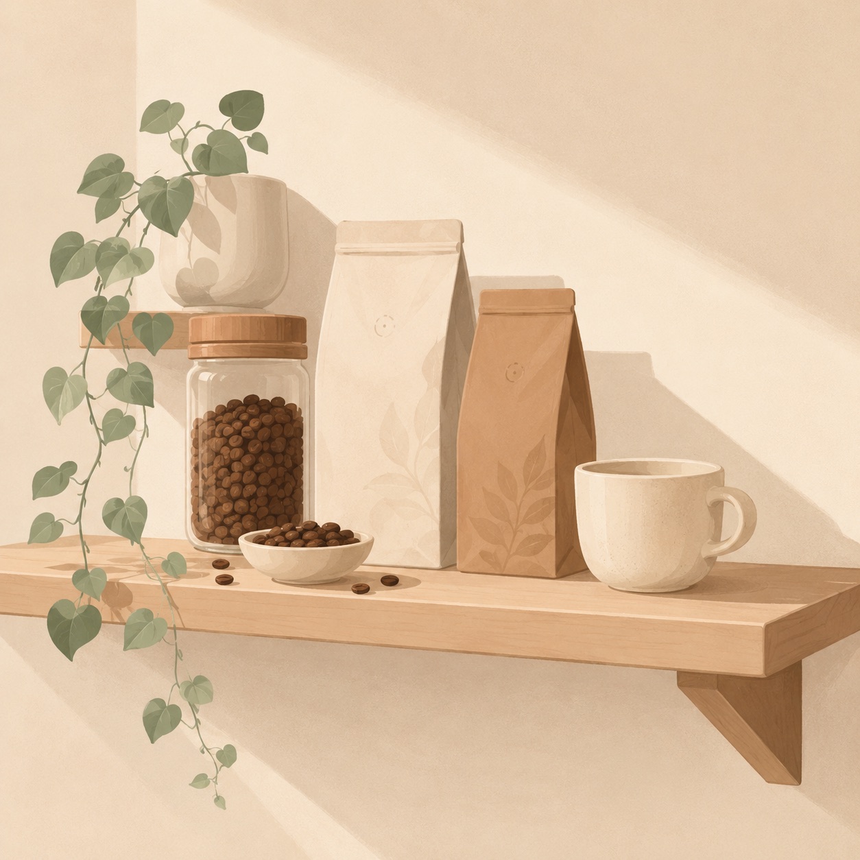 Painted shelf with coffee bags, books, and a trailing plant