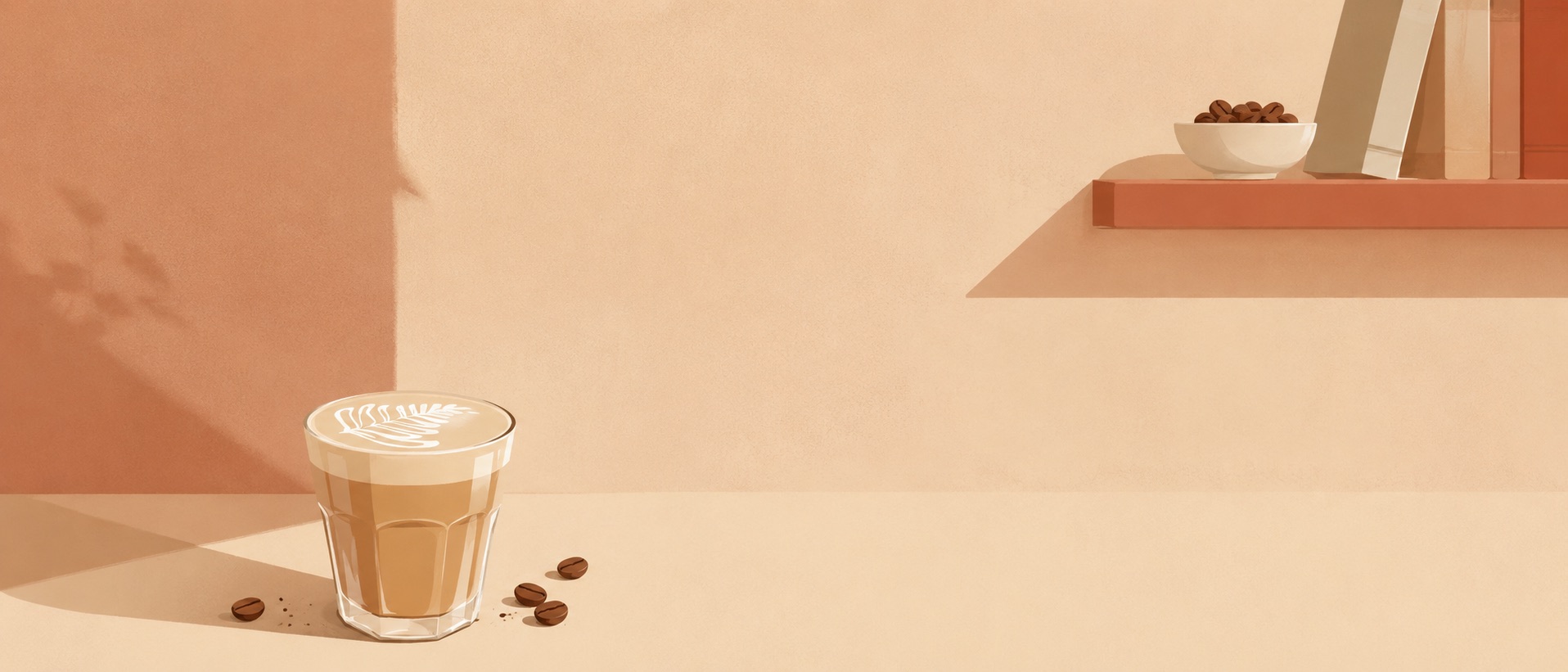 Painted cortado glass and coffee beans in warm terracotta light