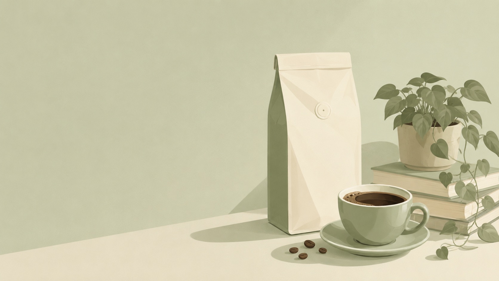 Painted sage coffee bag, plant, books, and coffee cup
